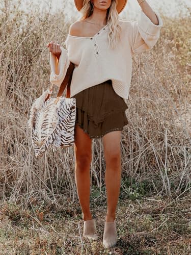 Image of Aoudery Flowy Shorts for Women Casual Boho Ruffle Tiered Skorts High Waist Mini Skirts Golf Tennis Crochet Shorts