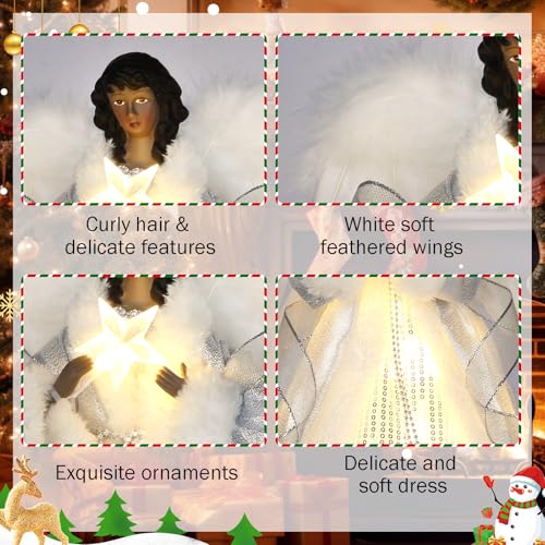 SINTENILL 12.5" Black Angel Christmas Tree Topper with Lights, Lighted Angel Tree Topper with White Feather Wings and Star Light, Remote Control, Timer & USB Powered for Holiday Party Decor by SINTENILL - Image 6