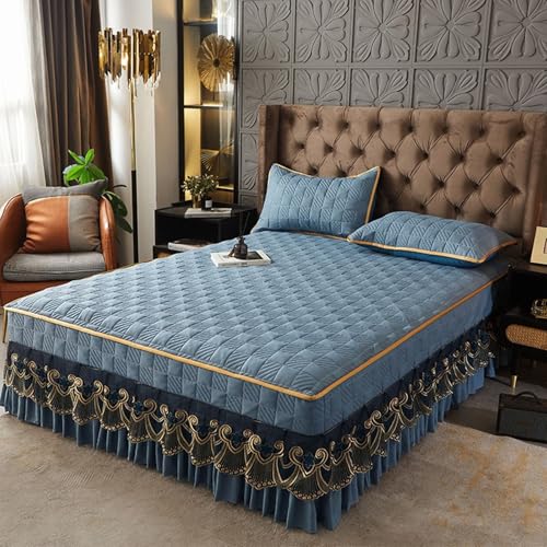 Daesar Sábanas Bajeras Elasticas Ajustables,Patrón de Cuadros con Encaje Bordado Poliéster Algodón Sábanas Cama Bajera Azul,180 x 200 CM