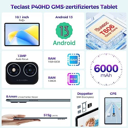 TECLAST P40HD Tablet 10.1 Inch, 16GB RAM 128GB ROM(TF 1TB), Android 13 Tablets, T606 Octa-Core 1.6GHz, 4GLTE+5G WiFi, 1920x1200, Dual SIM, 4 Speaker, BT5.0/Camera 2+5MP/Type-C/GPS/6000mAh/Metal