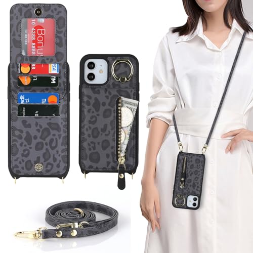 Zouzt for iPhone 12 Pro Max/iPhone 13 Pro Max 6.7 Inch Case with Cord and Card Holde, Zipper Wallet Case with Crossbody Lanyard Ring Adjustable Necklace Protective Cover Women - Black Leopard