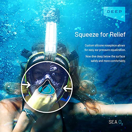 Deep Sea O2 | Only Full Face Snorkel Mask Designed to Protect Against Dangerous CO2 Build-Up for Adults & Kids | 180 View | Soft Nose for Diving | Anti-Fog | Camera Mount | Blue