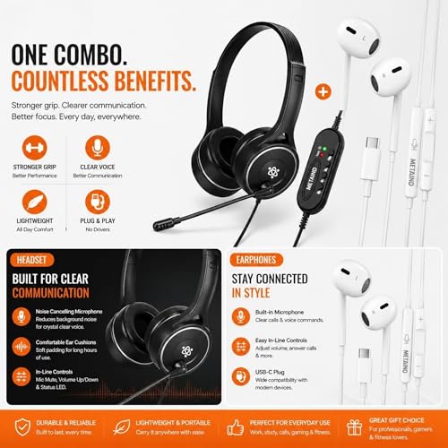 Image of Metaind USB Headset with Mic Meta MT30 for PC & Laptop and CT100 Type-C Earphone Combo for Calling, Online Classes, Meetings & Work from Home