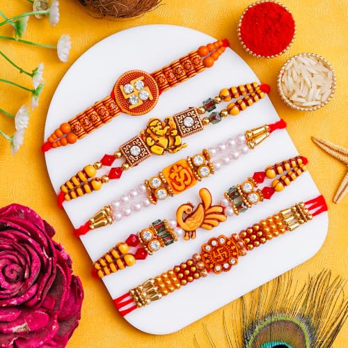 Image of Pride Store Traditional 10 Rakhiya Set, Decorative Thread Bracelets with Om and Ganesh Designs, Pearl and Crystal Beads, Red and Gold | Rakhiya For Family