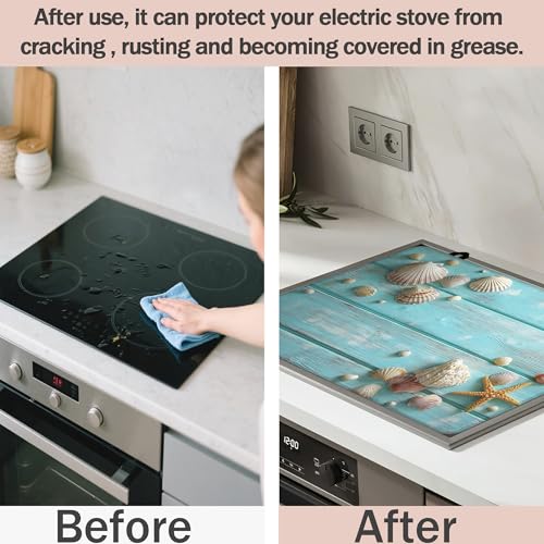 Image of Multi-Design Silicone Stove Cover for Glass /Electric Stoves - 3-in-1 Heat-Resistant Protector Mat, Non-Slip Drying Rack (Summer Wooden Starfish Seashells, 28 inch L x 20 inch W)