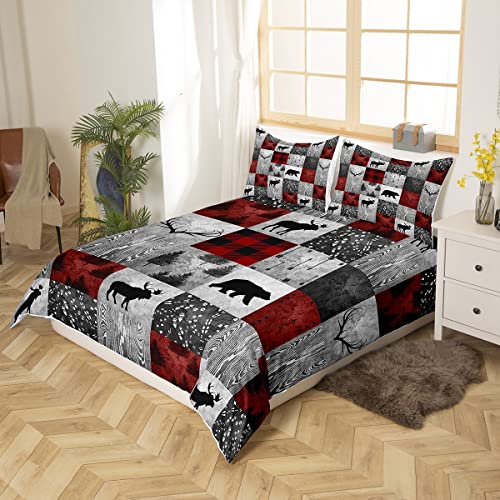 Buffalo Plaid Check Comforter Cover Cabin Bedroom Decor,Bear Elk Antler Deer Wild Animal Duvet Cover King,Wooden Arrow Footprint Bedding Set,Red Christmas Stripe Patchwork Quilt Cover Ultra Cozy #TOP2