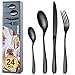BEWOS posate pesanti(1.45kg), Set di posate Nero Opaco in Acciaio Inox, 24 Pezzi posate Nere argenteria set-Forchette, Coltelli, Cucchiai Cena,Cucchiai, servizio per 6,lavabile in lavastoviglie
