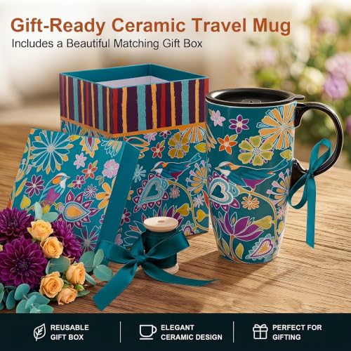 Mug de cerámica de 17oz con tapa y diseño floral boho miniatura 4