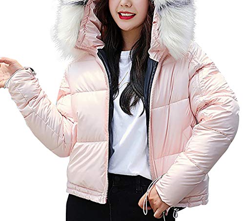 QZUnique Women's Shiny Down Jacket Zipper Front Short Puffer Coat Winter Jackets Outerwear Faux Fur Trim Hooded