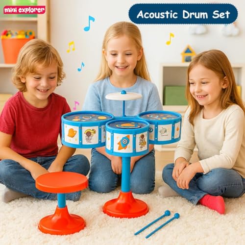 Image of MiniExplorer Jazz Drum Set for Kids | Musical Toy Set with 3 Drums, 1 Cymbal, Drumsticks & Stool | Durable Plastic Learning Toy Music Instrument for Boys & Girls for 3 Years+