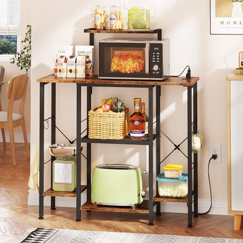 HIGDBFE Bakers Rack with Power Outlet, Coffee Bar with 4
