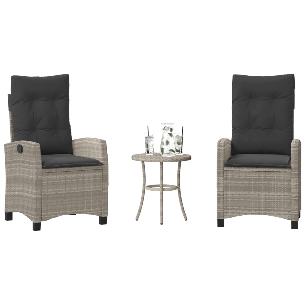 Set da 3 pezzi con cuscini grigio chiaro in polyrattan per giardino, balcone o terrazza con schienale regolabile e cuscini imbottiti spessi con rivestimenti sfoderabili