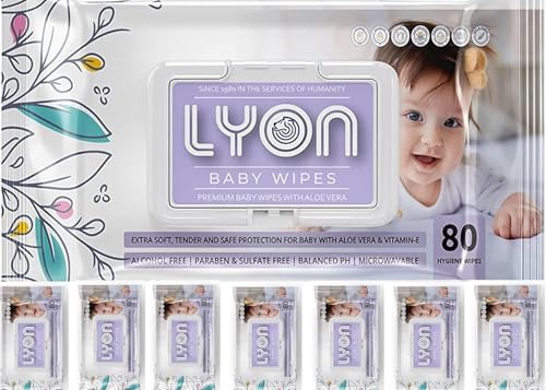 Image of Lyon baby wet wipes with lid | 80 x 8-640 wipes | Enriched with aloe vera and vitamin E | Paraben - free and alcohol - free | Extra thick & moist wet wipes for baby's | 95% Pure Water (Pack of 8)