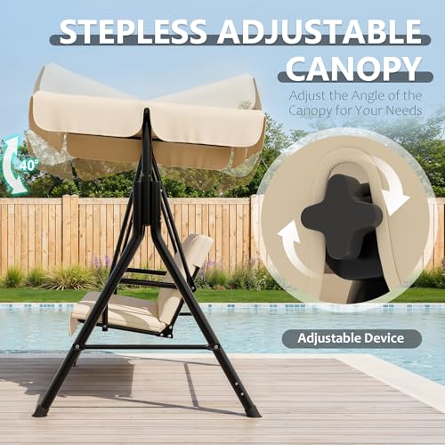 Image of Garvee Outdoor Porch Swing with Adjustable Canopy, 3-Seat Patio Swing Chair with Stand, Heavy Duty Outdoor Swing for Adults, Metal Frame Patio Swing for Garden, Backyard & Poolside,Khika
