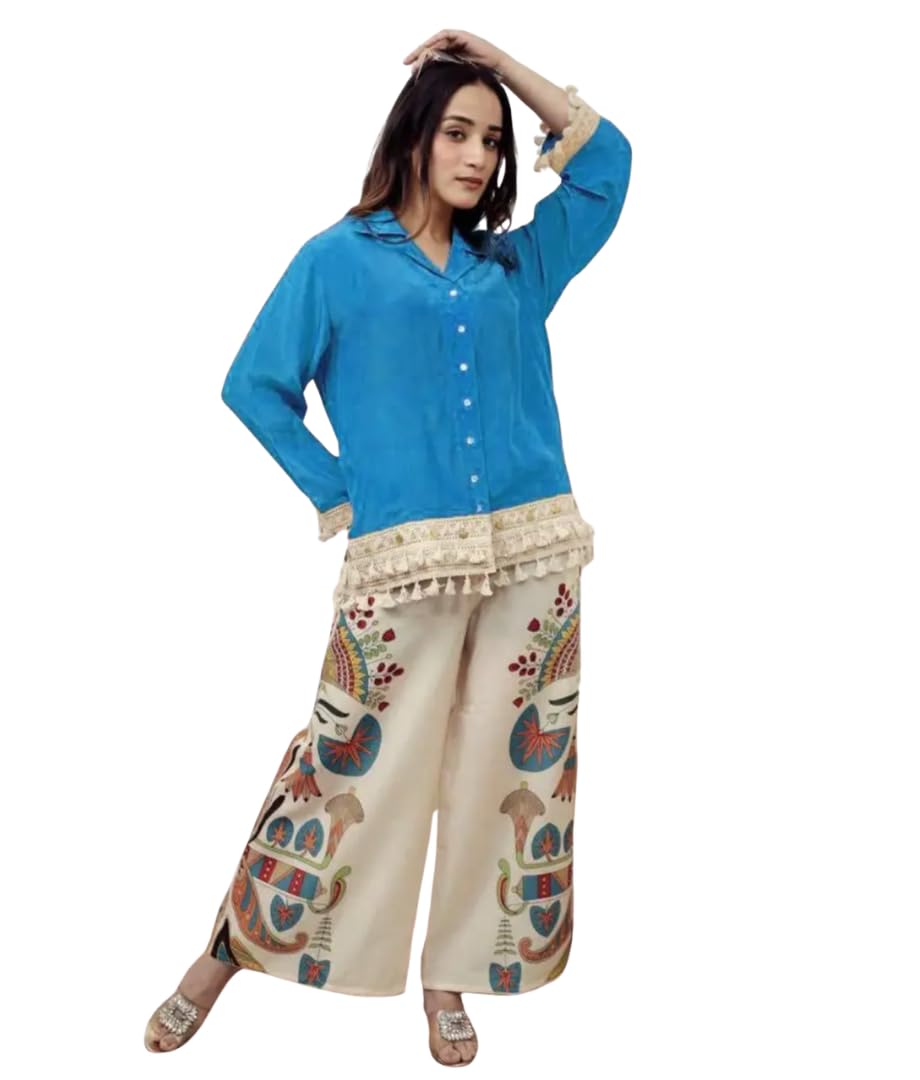Women's Cobalt Blue Tassel Shirt & Tribal Print Palazzo Co-ord Set, Boho Chic Ethnic Fusion Outfit for Women (M)-image-34