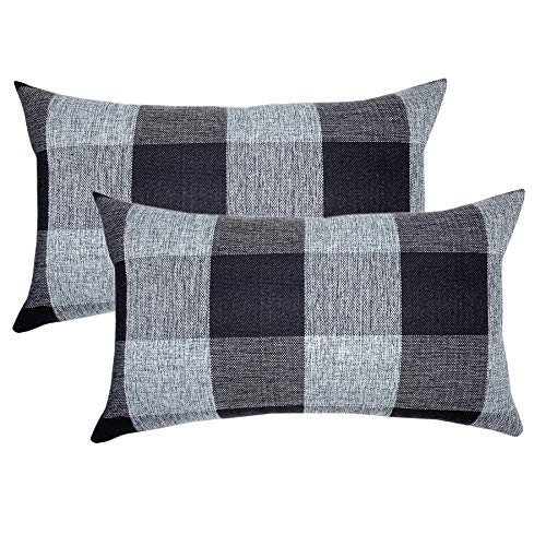 YOUR SMILE Retro Farmhouse Buffalo Tartan Chequer Plaid Cotton Linen Decorative Throw Pillow Case Cushion Cover Pillowcase for Sofa,Set of 2 12''x20'' Black