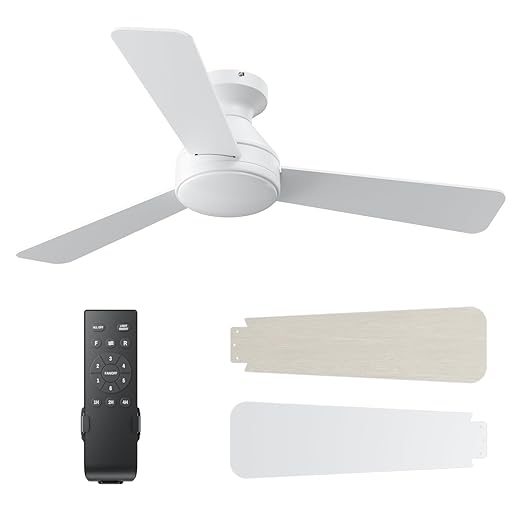 Ceiling Fans with Lights, 42 Inch Ceiling Fan with Light And Remote, 3CCT Flush Moun Low Profile Ceiling Fans, 6 Speed Noiseless LED Ceiling Fan, White Ceilings Fan with Remote for Bedroom Living Room