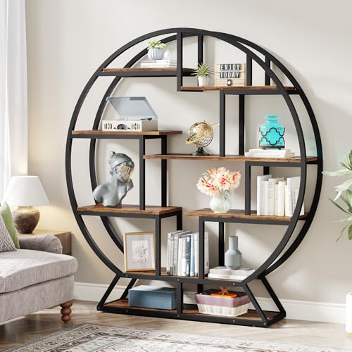 Image of Tribesigns Bookshelf, Round Bookshelves Etagere Bookcase, 63 Inch Industrial Wood Book Shelf with Staggered Shelves, Rustic Open Shelving Organizer Rack Display Shelf for Home Office, Living Room