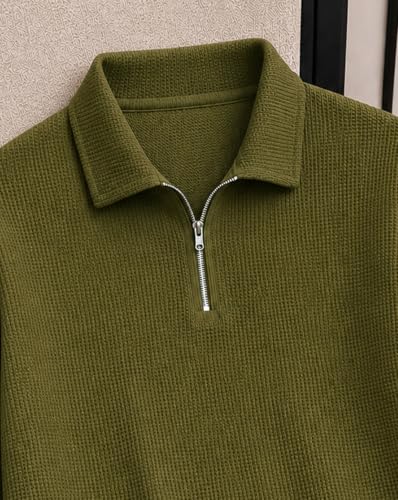 Image of AUSK Men's Waffle Knit Textured Full Sleeve Polo T-Shirt | Cotton Blend Regular Fit Zip Polo Neck Solid Smart Casual T Shirt for Men | Casual Wear, Travel & Weekend Wear Tshirt for Men