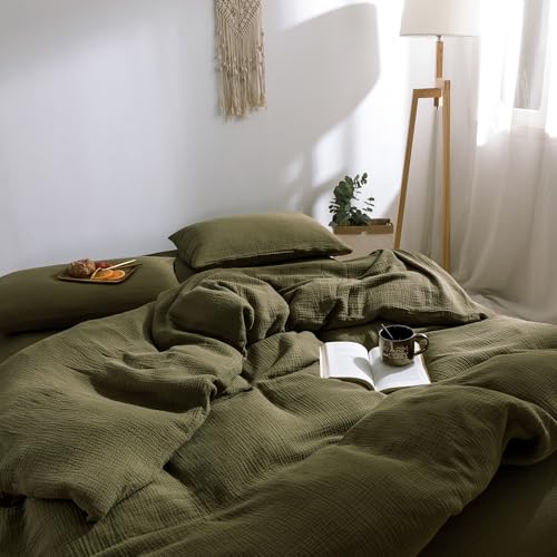 Image of VM VOUGEMARKET 100% Cotton Muslin Duvet Cover King Size 3-Layer Guaze Textured Bedding Set,Ultra Soft Breathable Textured Linen Like Comforter Cover with Zipper&Ties-Olive Green