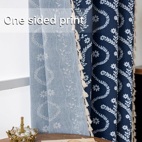 Image of Navy Blue Boho Curtains 45 Inch Long for Living Room, Bedroom, 2 Panels Floral Farmhouse Vintage Tassel Semi Sheer Light Filtering Privacy Window Curtain Drapes with Rod Pocket, Navy Blue