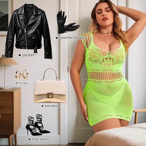Image of Nimiah Fishnet Sexy Rave Outfits - Exotic Dancer Neon Mesh Bodycon Dress Fit 0-16 Plus Size Crotchless Lingerie Outfits