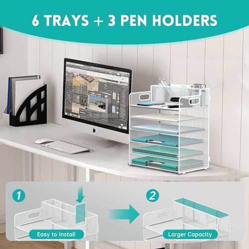 DALTACK Organizador de papel para mesa com 3 porta-canetas, bandeja organizadora de mesa de 6 camada