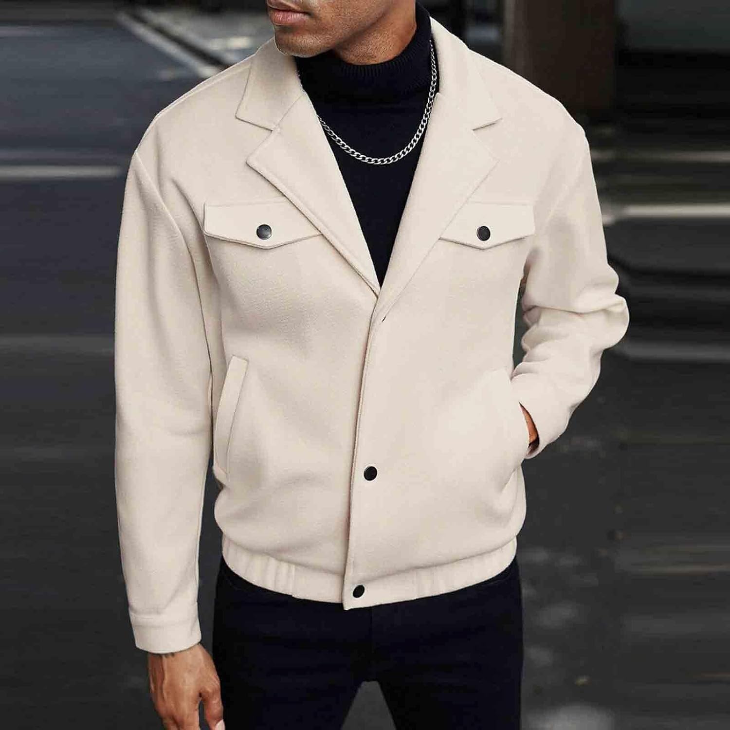 Men's Wool Blend Jackets Button Notch Lapel Long Sleeve Shirt Jacket Business Casual Coat Outerwear, S-2XL