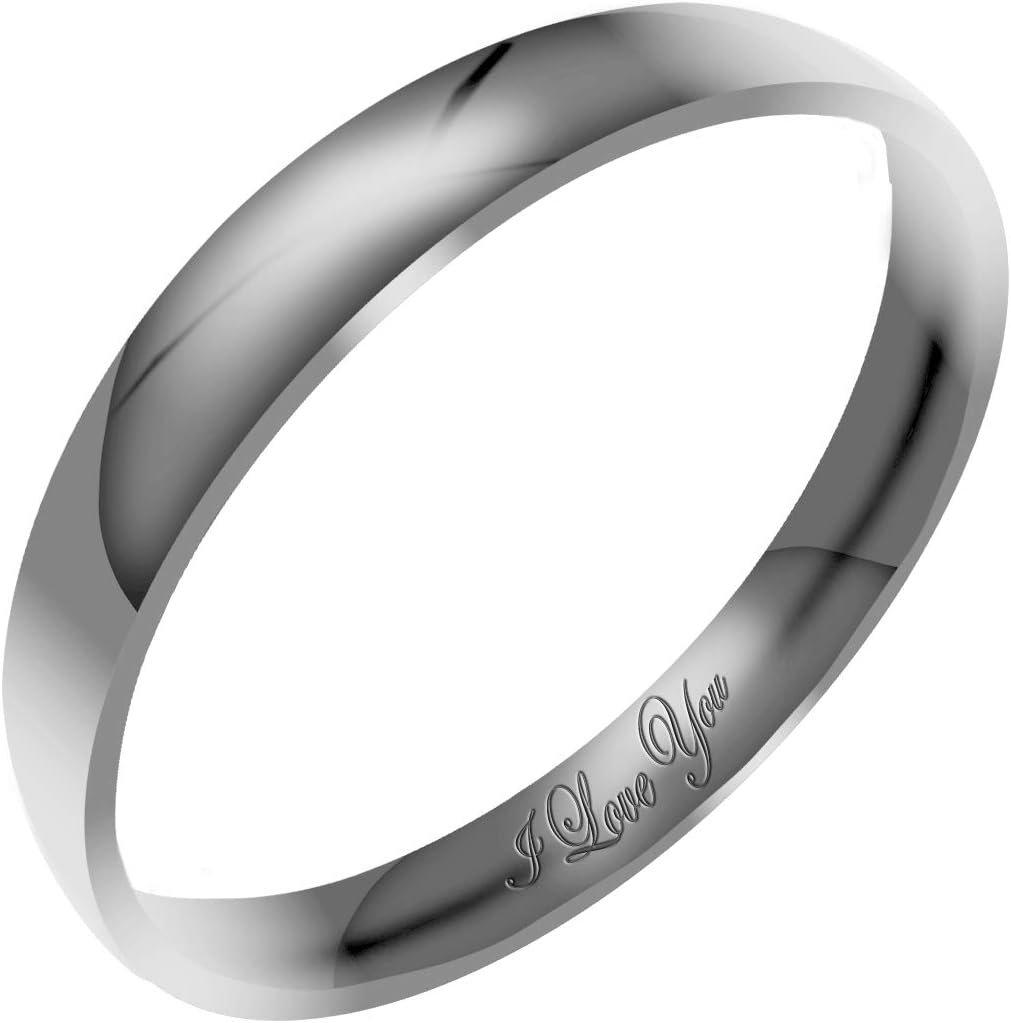 Everstone Women's Shiny Polish 3MM & 4MM & 6MM Dome Promise Ring Wedding Bands Titanium Ring Color: Platinum Engraved I Love You