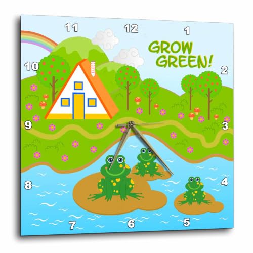 3dRose DPP_125878_3 Grow Green Message and Frogsin The Pond Wall Clock, 15 by 15-Inch