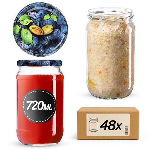 KADAX Pots de conservation 720 ml, bocaux en verre pour mise en conserve, pots à couvercle à vis, bocaux à conserver, pots à confiture, pots à provisions, pots de conserve, pots ronds (Prunes / 48