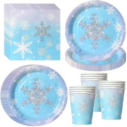 PYAILI Lot de 52 pièces thème flocons de neige Assiettes, gobelets, serviettes et nappes pour fêtes d'hiver, pour 16 invités
