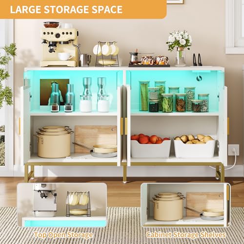 DWVO Modern Kitchen Storage Cabinet with Power Outlet and LED Light, 55" Sideboard Buffet Cabinet with Storage for Living Room, Kitchen, Hallway, White/Gold