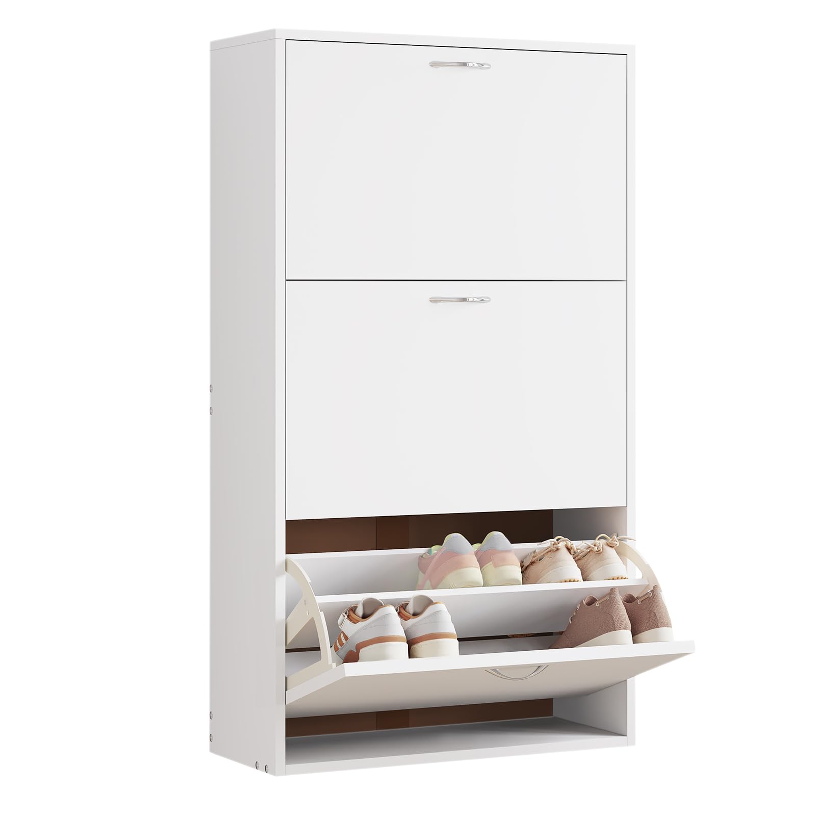 WOLTU Zapatero Blanco de 3 Puertas Abatibles, Zapatero Estrecho y Alto Recibidor, Armario Zapatero con Puertas, Mueble Zapatero Estrecho para Salón y Recibidor