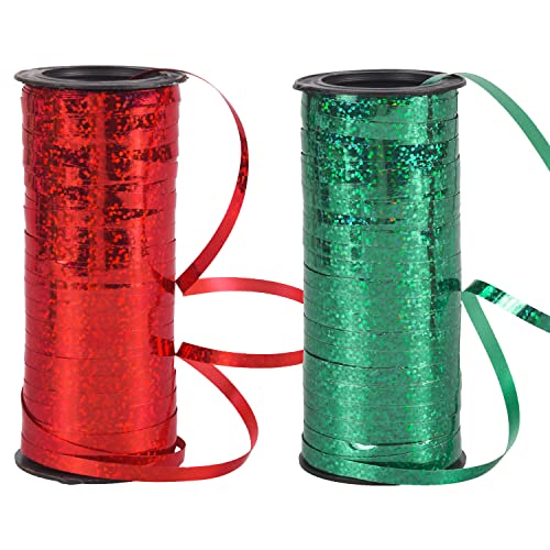 Geviro 2 rollos de 200 yardas de Navidad brillante cinta de globo verde rojo metálico cinta de rollo de cinta prensada para Navidad, boda, cumpleaños, manualidades, regalo (verde y rojo)