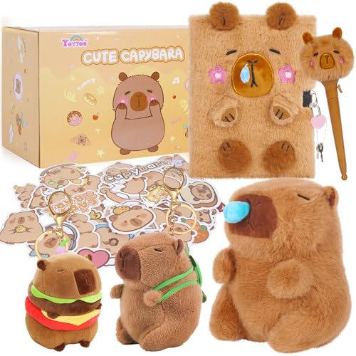 Capybara Gifts for Girls, Kids Capybara Plush Toys Set with Capybara Stuffed Animal, Secret Diary, Ballpoint Pen, Stickers, Birthday Christmas Gifts for Little Girls Age 5 6 7 8 9 10-12 Years Old