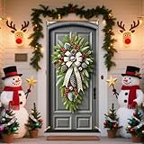 Neutral Pine Swag Door Cover, Polka Dot Bow Farmhouse Christmas Front Door Decorations, Pine Cone Silver Bell Holiday Door Banner, Modern Winter Home Entrance Decor, 35.43 x 70.87 Inch