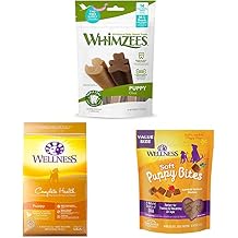 Whimzees Wellness Complete Health Dry Puppy Food, 5 Pound Bag Puppy Dental Chew Treats + Wellness Soft Puppy Bites, 8 Ounce Bag