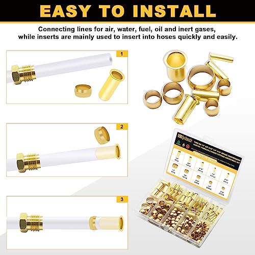 Image of Siptenk 180PCS Brass Compression Sleeves Ferrules & Inserts for Air Fitting | 5 Sizes 1 /2 inch 3 /8 inch 5 /16 inch 1 /4 inch 3 /16 inch Tubing Insert Brass Ferrule Kit lines for Air, Water, Fuel, Oil and Inert Gases