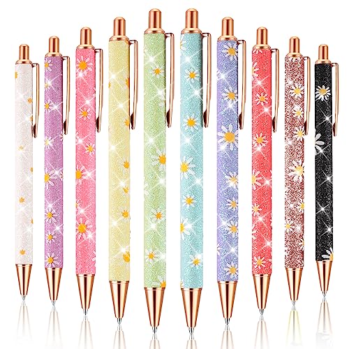 FRIUSATE 10Pcs Bling Metal Pens Bling Glitter Metal Ballpoint Pens 1.0mm Ballpoint Pens Black Ink Click Retractable Ball Point Pens for Men Women School Office Home Drawing(Daisy Print)