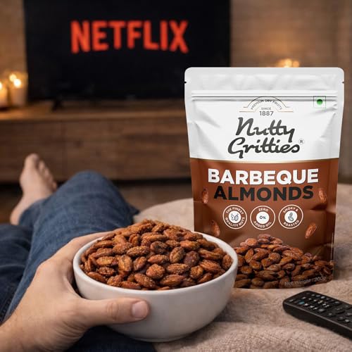 Image of Nutty Gritties Party snacks Barbeque Almonds (BBQ) 200g - Healthy Party Snack, Dry Roasted, Non Fried, Zero Oil, Crunchy, Tasty | Resealable Pouch