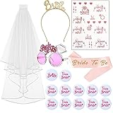 Vestido de novia: accesorios para despedida de soltera incluye 1 velo de novia con peine, 1 broche de novia, 11 broches de equipo, 12 tatuajes temporales para fiestas, 1 gafas rosa, 1 banda de novia, 1 oro rosa, 1 cinturón Bride to Be oro rosa. El accesorio perfecto para despedidas de soltera, que deja bonitos recuerdos a las novias y a las damas de honor.