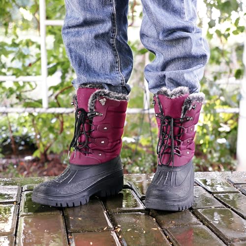 Knixmax Damen Schneestiefel Winterstiefel Warme Gefüttert Hoch Winterschuhe Rutschfest Wasserdicht Gummilaufsohle Weinrot Gr.38 EU