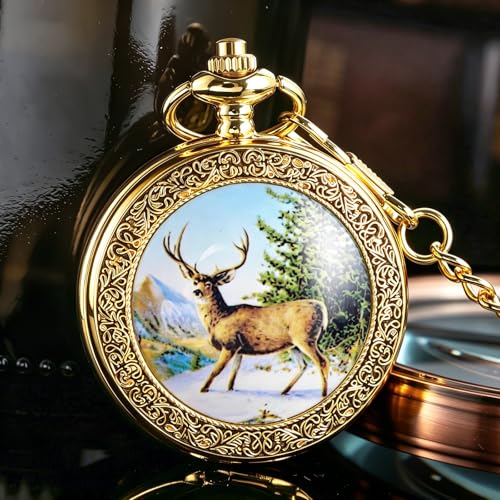 Image of Deer Pocket Watch for Men Pocket Watches with Chain Gift for Father's Day | Vintage Deer Case Pocket Watch Mens Quartz Watches with Chains Christmas Graduation Birthday Gifts Fathers Day