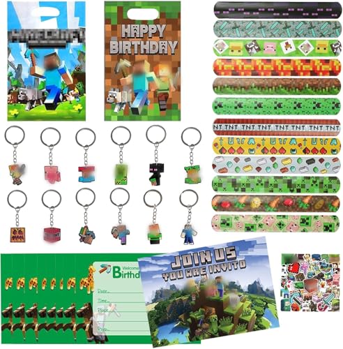 KEVRDRT 106 Pcs Videojuegos Miner Artículos de Fiesta Cumpleaños, Videojuegos Cumpleaños de Regalo Llaveros Pegatinas Pulseras Bolsa Regalo Invitaciones Cumpleaños, Favores de Fiesta de Videojuegos