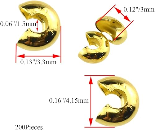 Miniatura 2 de 200 cuentas de crimpado de 0.12 pulgadas (0.118 in) de cobre dorado medio redondo, material de cuentas de crimpado abierto para fabricación de joyas