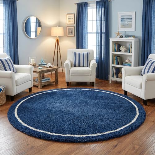 Image of Shaggy Polyester Microfiber Round Rug Carpet for Living Room | Ultra Soft Fluffy Plush Area Rug | Anti-Skid Non-Slip Backing | Washable Carpet for Bedroom- (5x5 feet, Ring Blue, Round)