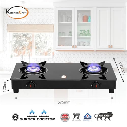 Image of KitchenCraft 2 Burner Toughened Glass Top |LPG Gas Stoves|Black|Manual Ignition|Fixed Stainless Steel Drip Trays|Anti-Skid Feet|KCGT 2001
