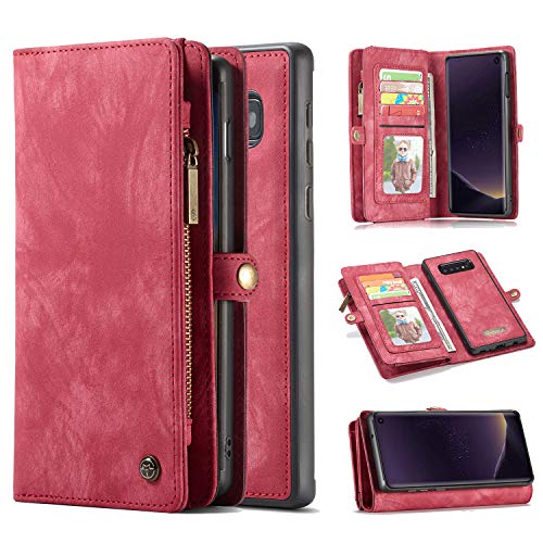 Galaxy S10e Cover, Harsel 11 Card Slot Magnetic Snap Closure Detachable Removable Leather Wallet Purse with Zipper Pocket Wrist Strap Protective Cases for Galaxy S10e (Red)