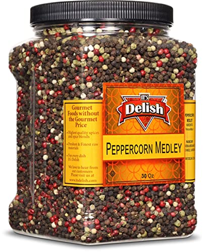 Whole Peppercorn Medley By It's Delish, 30 Oz Jumbo Reusable Container | Whole Black, Green, White & Pink Peppercorn Blend - Great Dried Multicolored Pepper Mix For Refill – All Natural #TOP18